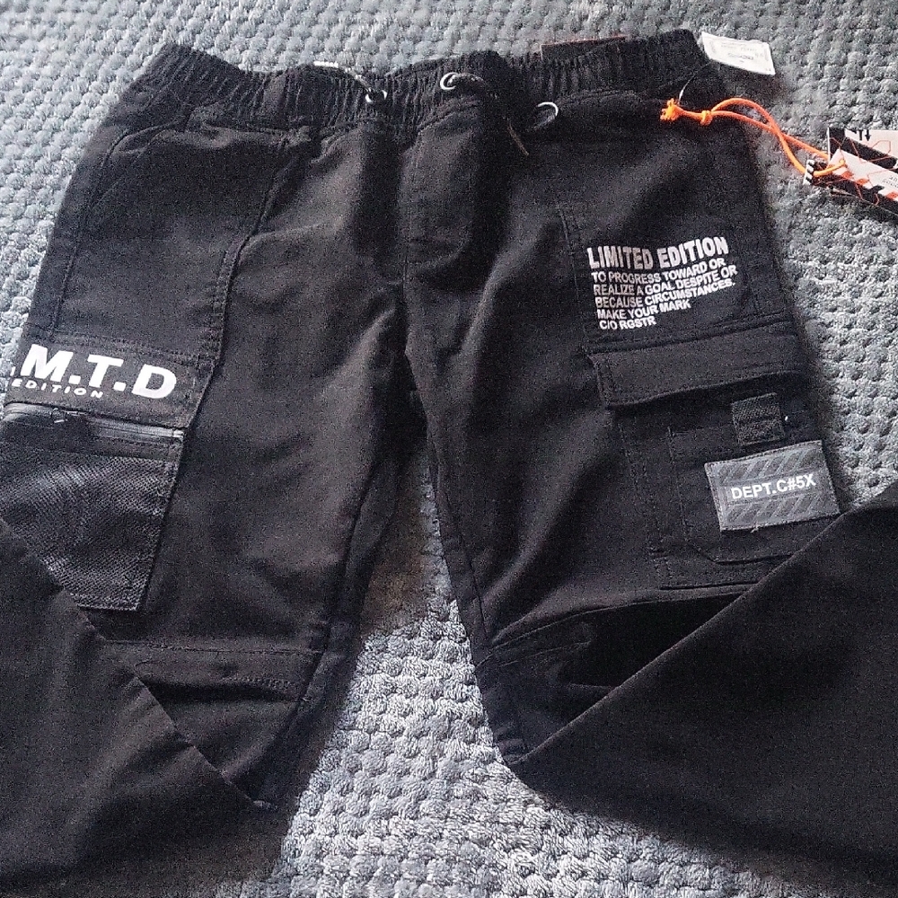 Boys Black Premium Tech Cargo Pants. Kid Size 10/12